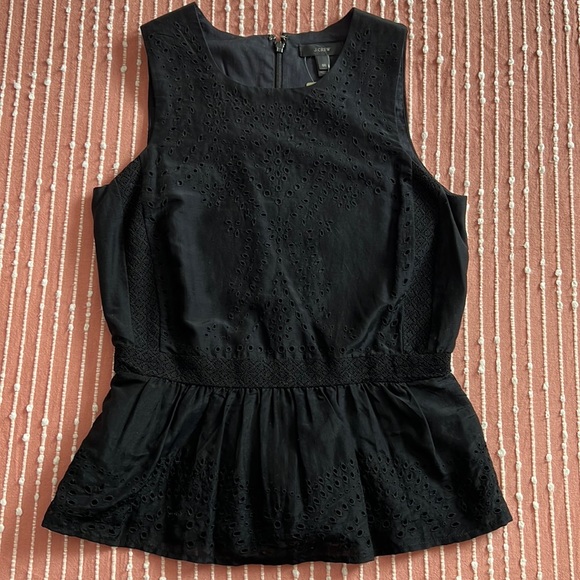 NWT Black Sleeveless Eyelet Peplum Blouse by J.Crew Size 00 Cotton & Silk - Picture 1 of 7